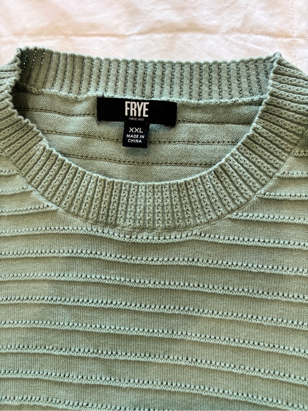 FRYE Sz XXL Sage Green Sweater Fine Gauge Cotton knit Ribbed Crew Short Sleeve - Picture 5 of 10